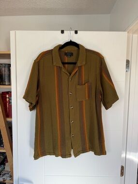 Cotton On Olive Green Short Sleeve Button-Down with Orange Stripes